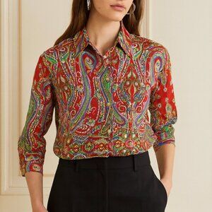 Ralph Lauren Button-Up Shirt Paisley Print Blouse Bohemian Resortwear size LP